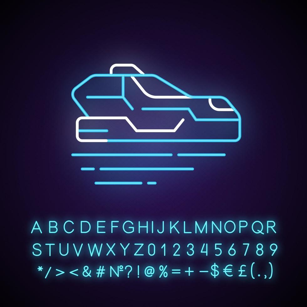 icono de luz de neón de coche volador. Automóvil autónomo. sistema de conducción inteligente. cyberpunk, juego de ciencia ficción. efecto brillante exterior. firmar con alfabeto, números y símbolos. vector aislado ilustración de color rgb