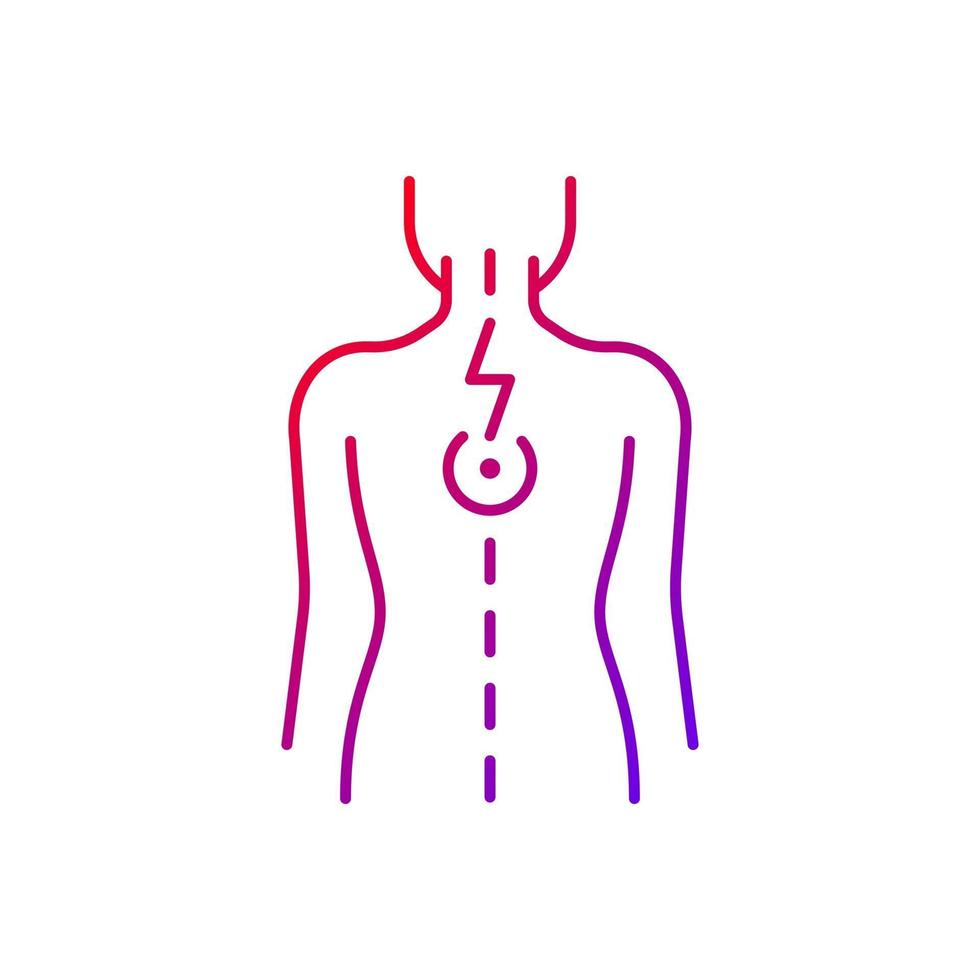 Presión sobre el icono de vector lineal gradiente de los nervios espinales. espasmos musculares. dolor entre los omóplatos. entumecimiento. símbolos de color de línea fina. pictograma de estilo moderno. dibujo de contorno aislado vectorial