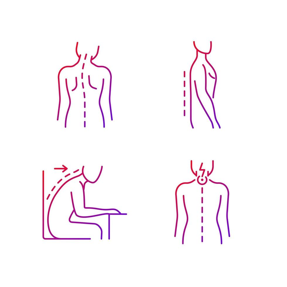 Bad posture problems gradient linear vector icons set. Head tilt. Flatback syndrome. Slouching. Neck pain. Thin line contour symbols bundle. Isolated vector outline illustrations collection