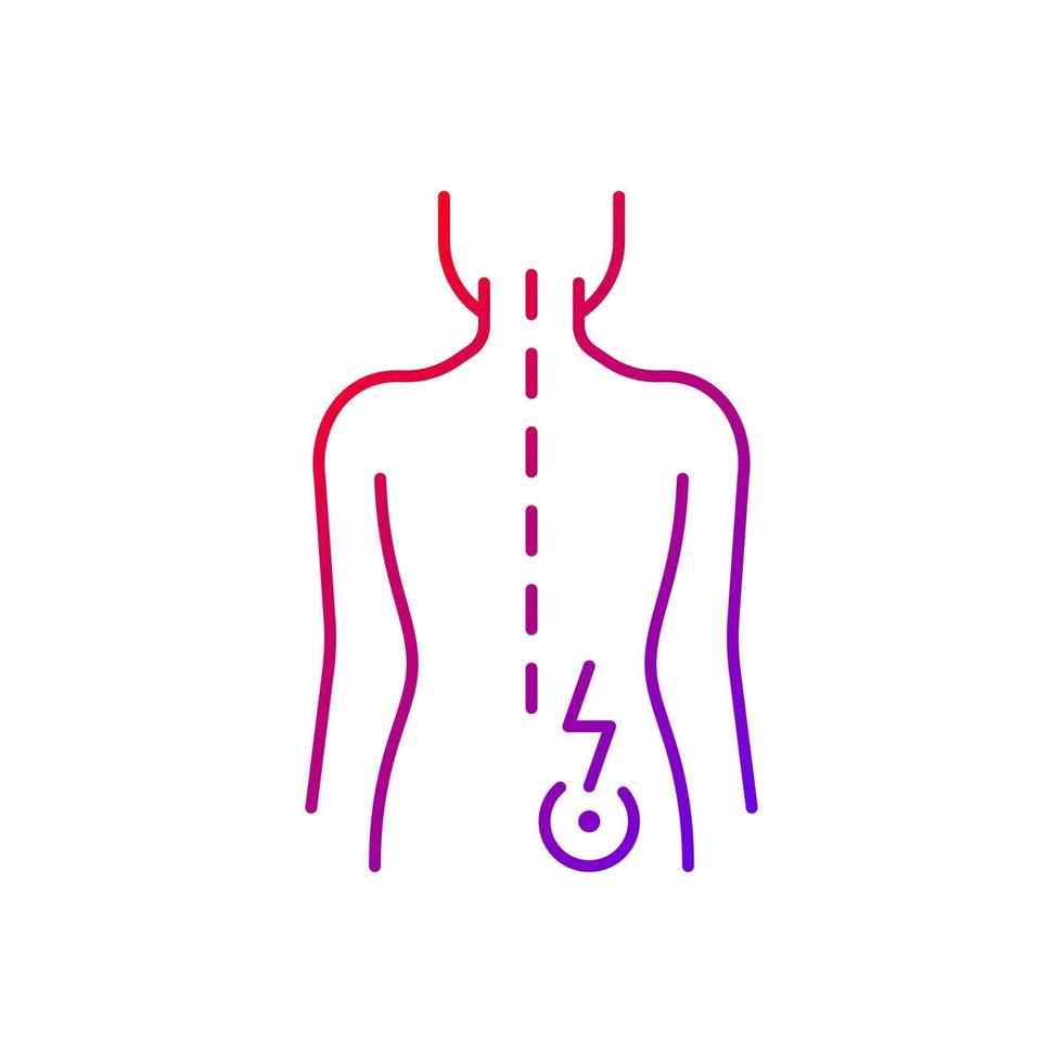 Icono de vector lineal degradado de dolor de espalda inferior derecha. torceduras y esguinces. dolor de espalda unilateral relacionado con los músculos. símbolos de color de línea fina. pictograma de estilo moderno. dibujo de contorno aislado vectorial