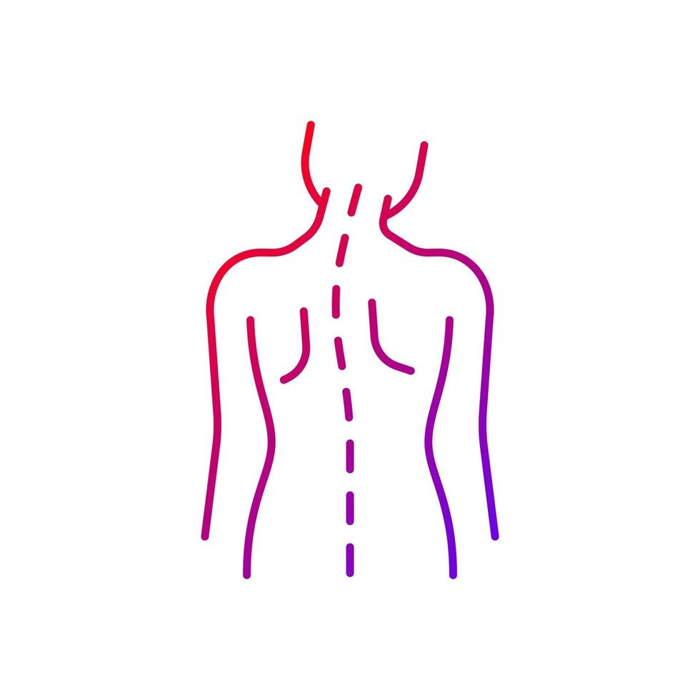 Spinal abnormalities gradient linear vector icon. Head tilt. Thoracic scoliosis. Muscle weakness. Radicular pain. Thin line color symbols. Modern style pictogram. Vector isolated outline drawing