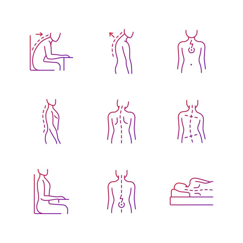 Back and posture problems gradient linear vector icons set. Slouched position at desk. Spine natural curvature. Thin line contour symbols bundle. Isolated vector outline illustrations collection