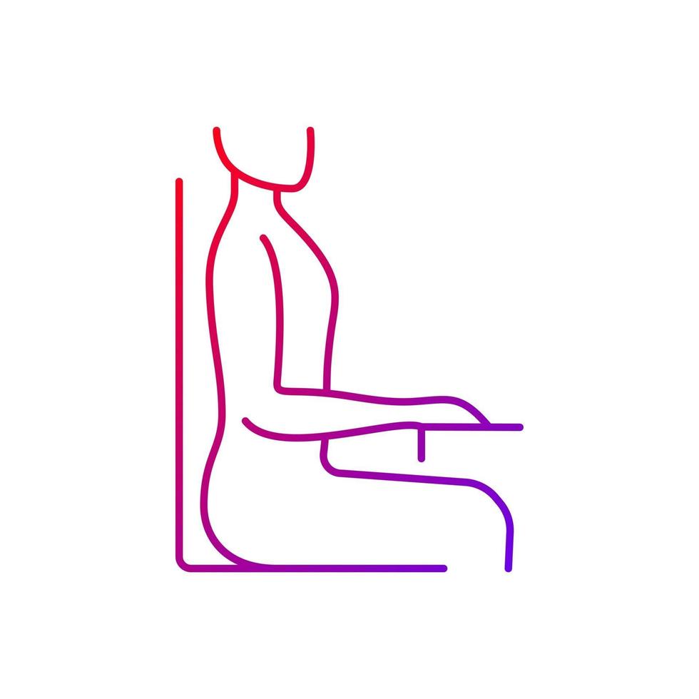 Upright sitting posture gradient linear vector icon. Sitting at desk correctly. Back straight and shoulders back. Thin line color symbols. Modern style pictogram. Vector isolated outline drawing