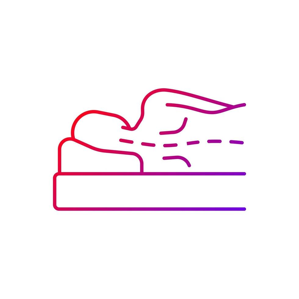 Incorrect sleeping position gradient linear vector icon. Unnatural, unnecessary curves in spine. Stress on spine. Thin line color symbols. Modern style pictogram. Vector isolated outline drawing