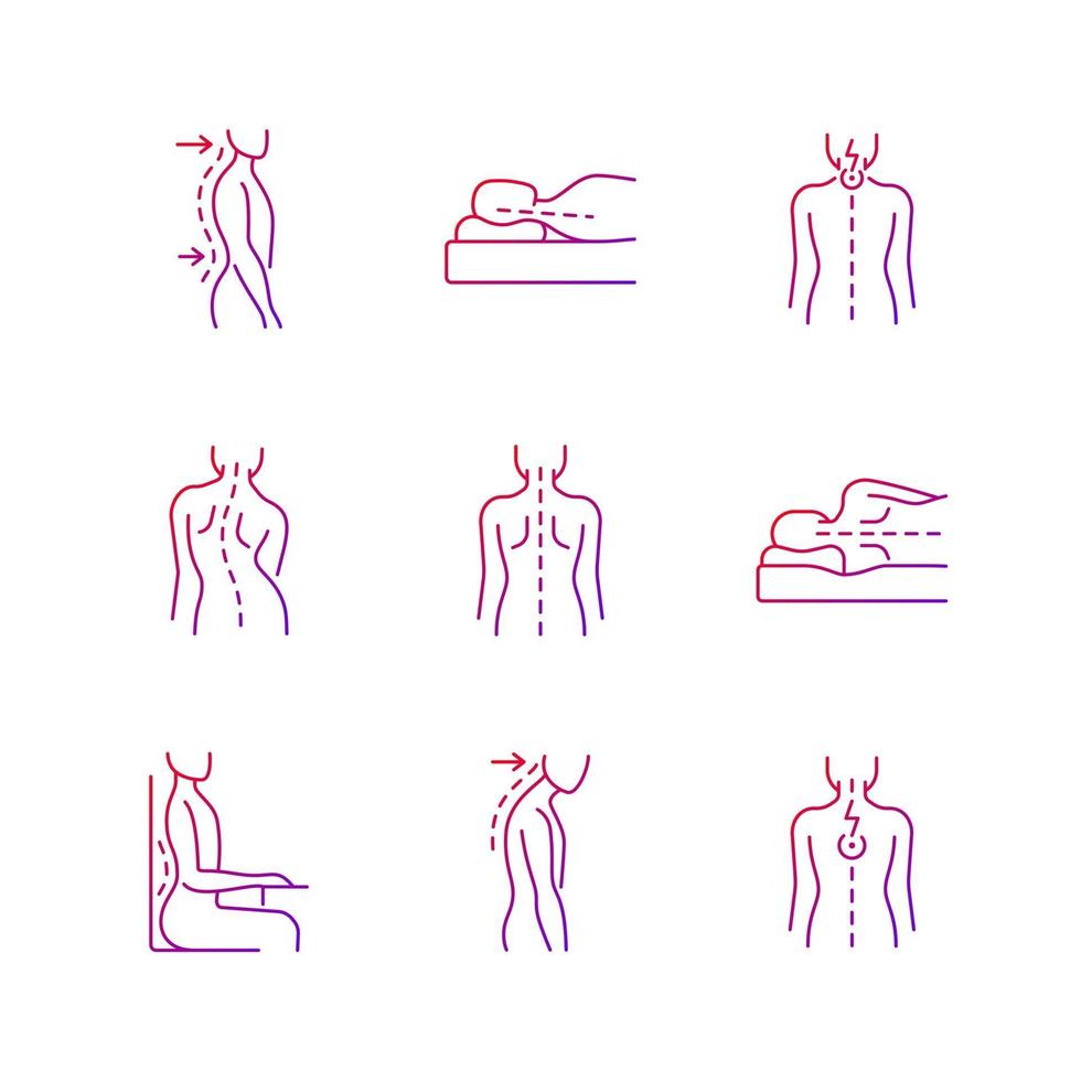 Back and posture problems gradient linear vector icons set. Lumbar lordosis. Incorrect sleeping position. Neck pain. Thin line contour symbols bundle. Isolated vector outline illustrations collection