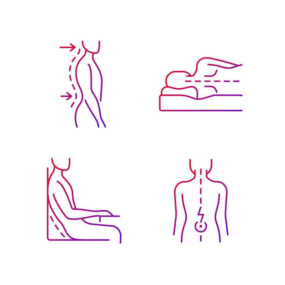 Postural dysfunction gradient linear vector icons set. Lumbar lordosis. Side-lying sleeping position. Muscle spasms. Thin line contour symbols bundle. Isolated vector outline illustrations collection