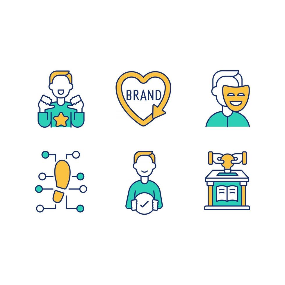 Personal branding green, orange RGB color icons set. Media influence. Personal brand modification. Online footprint. Reputation management. Self-presentation skills. Isolated vector illustrations