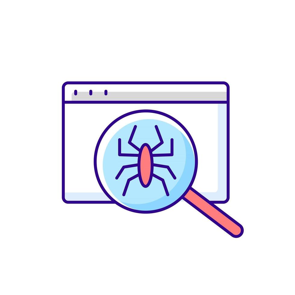 virus informáticos icono de color rgb. busque errores con antivirus. diagnósticos del sitio web. problema de pc. escanear datos en línea. problemas con la computadora portátil. ciberseguridad y protección cibernética. ilustración vectorial aislada vector