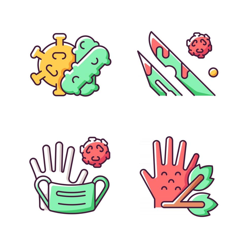 Conjunto de iconos de color rgb de residuos biológicos infecciosos. patógenos de plantas peligrosas. Residuos médicos que contienen líquidos infectados. bacterias y virus. ilustraciones vectoriales aisladas vector