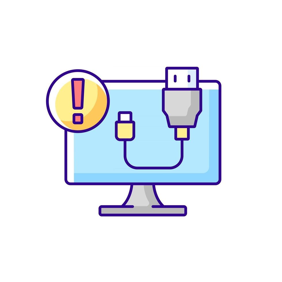 usb no funciona icono de color rgb. Problema de conexión del cable. problema de la computadora de escritorio. síntoma de error de software. enchufe en falla. servicio de soporte técnico para electrónica. ilustración vectorial aislada vector