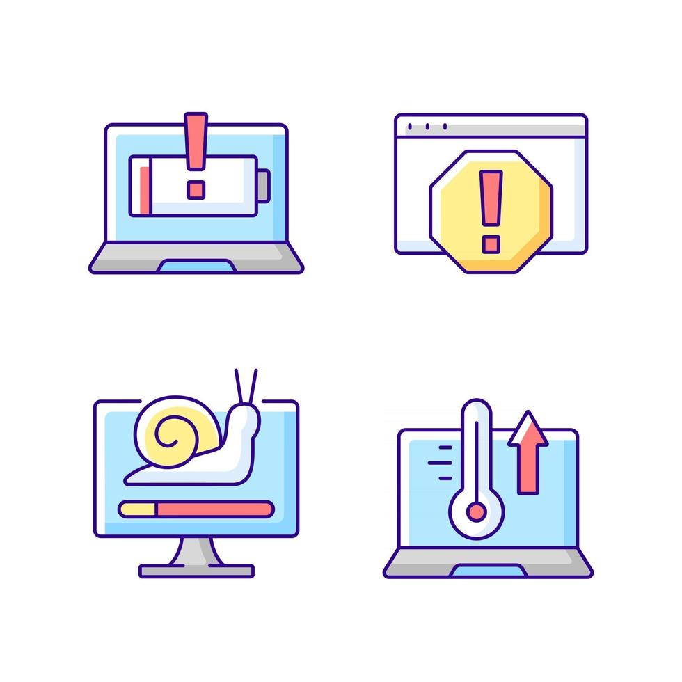Computer errors RGB color icons set. Battery not charging. System error window. Slow processing. Overheating notebook. Laptop problems. Technical support, repair service. Isolated vector illustrations