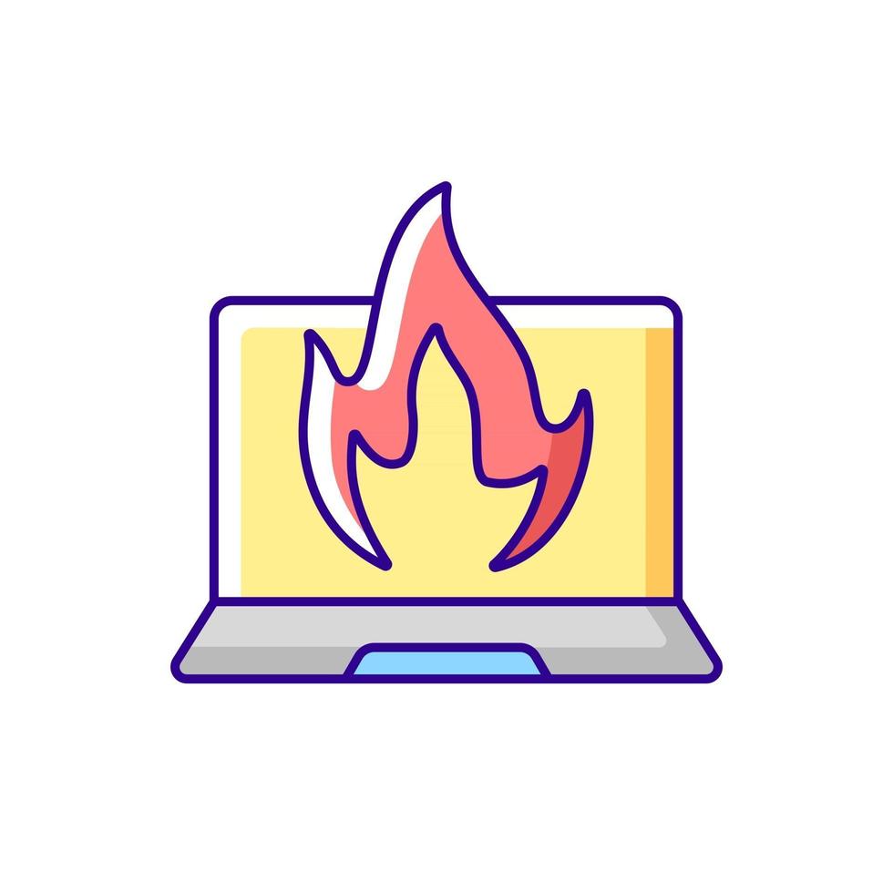 Computer burning RGB color icon. Hardware crash, overheating issue. Burning laptop, PC problems. Electronics destruction. Broken technology. Tech support, repair service. Isolated vector illustration