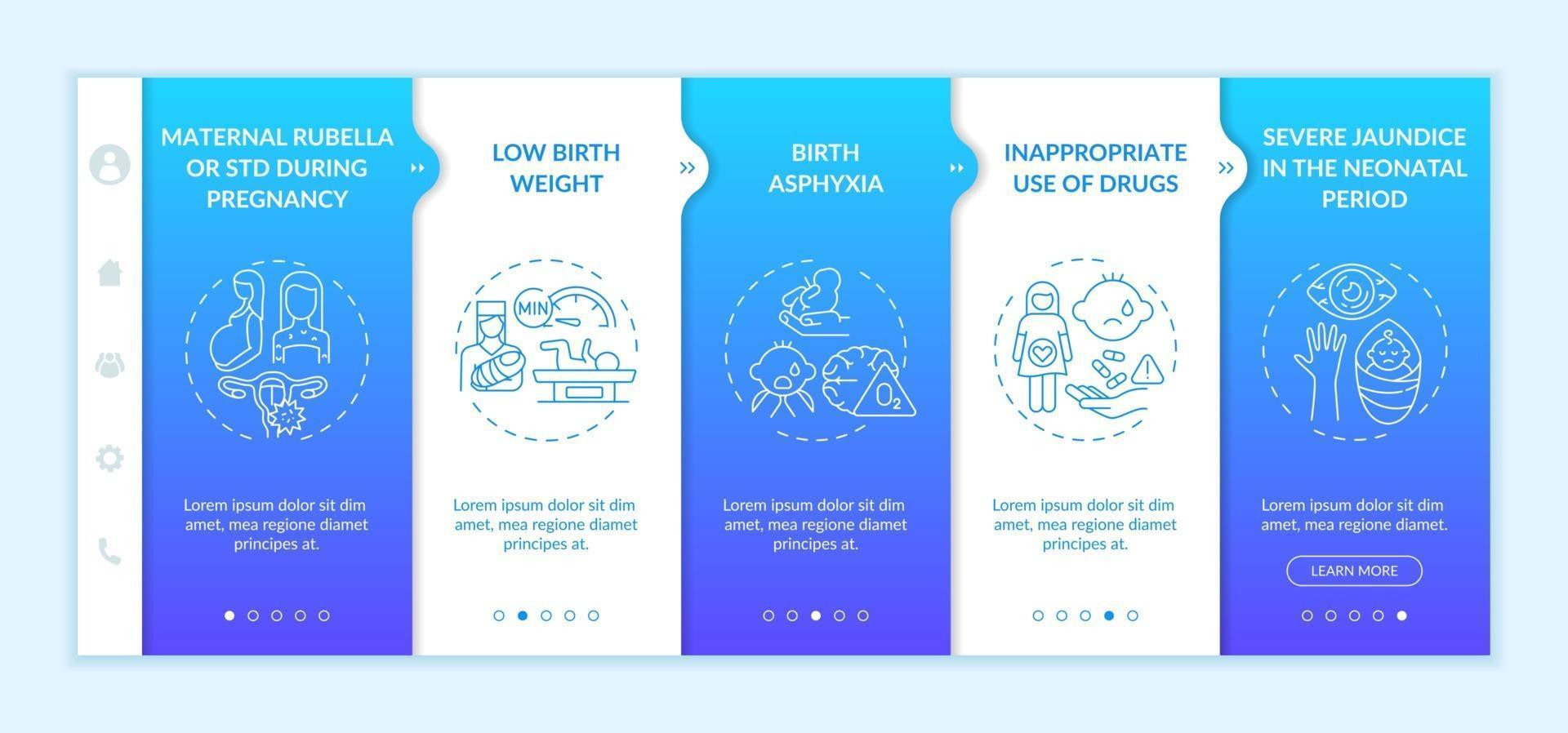 Congenital hearing loss factors onboarding vector template. Responsive mobile website with icons. Web page walkthrough 5 step screens. Severe jaundice, asphyxia color concept with linear illustrations