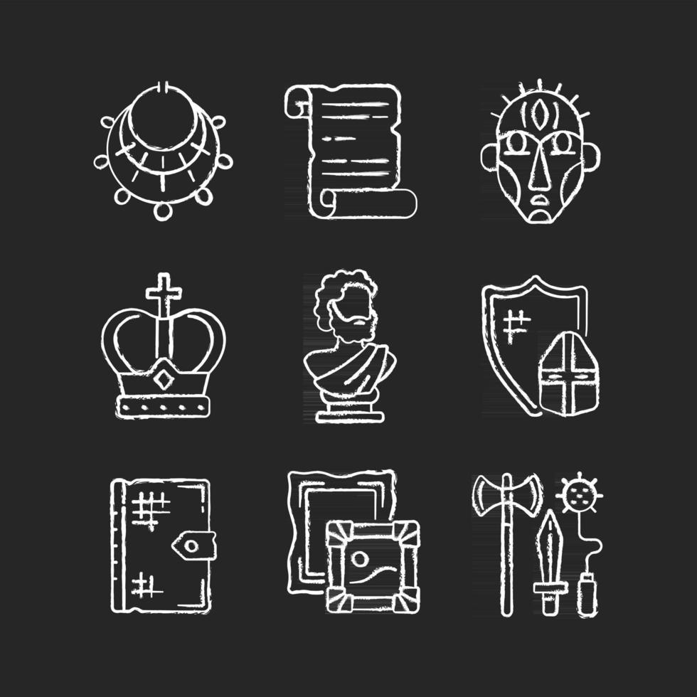 Museum exhibitions chalk white icons set on black background. Ancient jewelry. Historical manuscript. Ritual masks. Royal crown. Greek sculpture. Isolated vector chalkboard illustrations