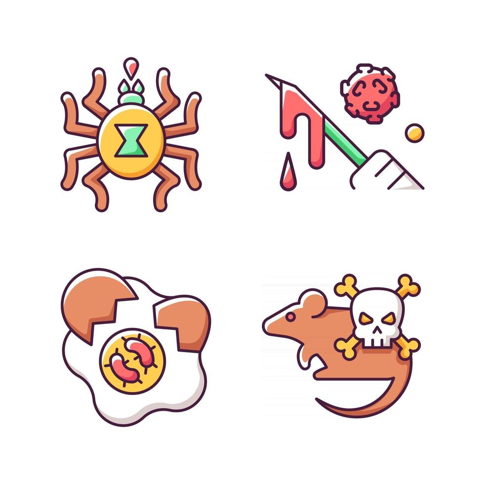 conjunto de iconos de color rgb de fuente de propagación de infección. peligrosa amenaza para vidas humanas. Riesgo de microorganismos. toxina de insectos. enfermedades peligrosas. ilustraciones vectoriales aisladas vector