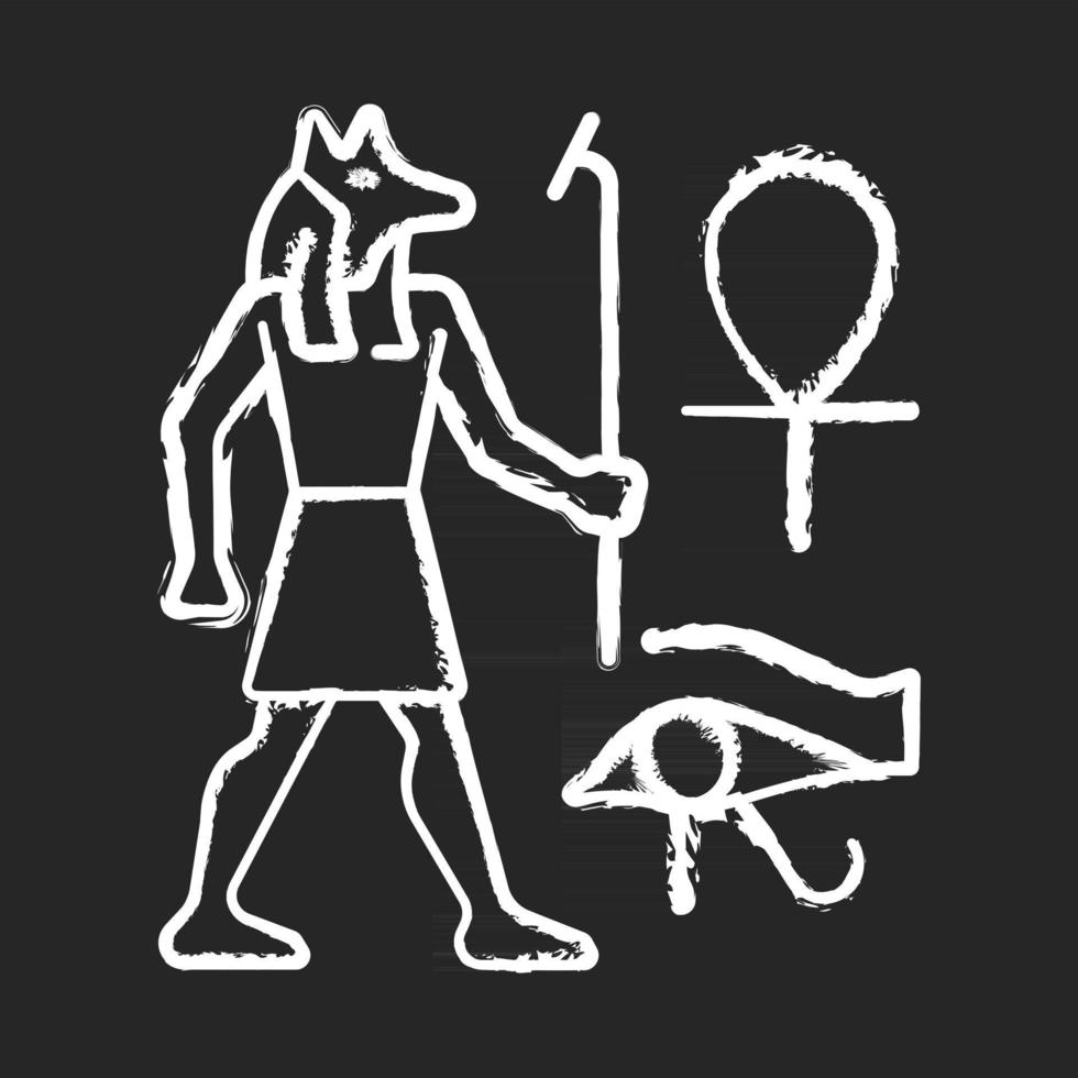 Dibujos de pared egipcios icono de tiza blanca sobre fondo negro. pintura mural. decoración de paredes con relieves. que representa la vida diaria de los antiguos egipcios. ilustración de pizarra de vector aislado