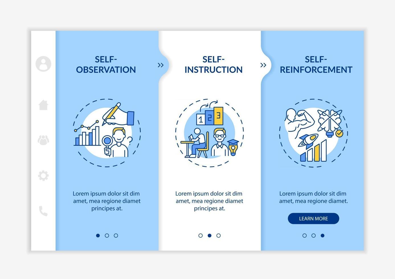 Self-control strategies tips onboarding vector template. Responsive mobile website with icons. Web page walkthrough 3 step screens. Stress management color concept with linear illustrations