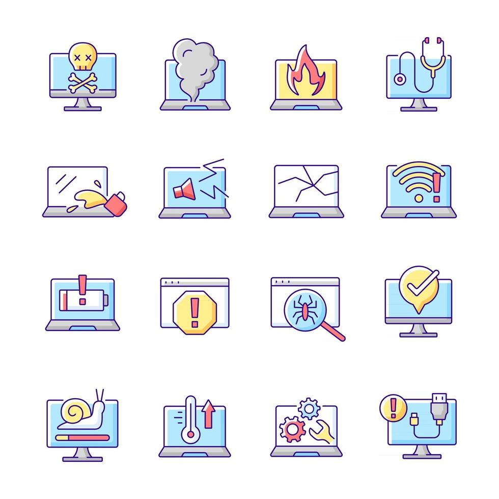problemas informáticos conjunto de iconos de color rgb. la computadora portátil no se inicia, error de pantalla. fallo de sistema. caída del hardware. Problema de software en el portátil. servicio de soporte técnico. ilustraciones vectoriales aisladas vector