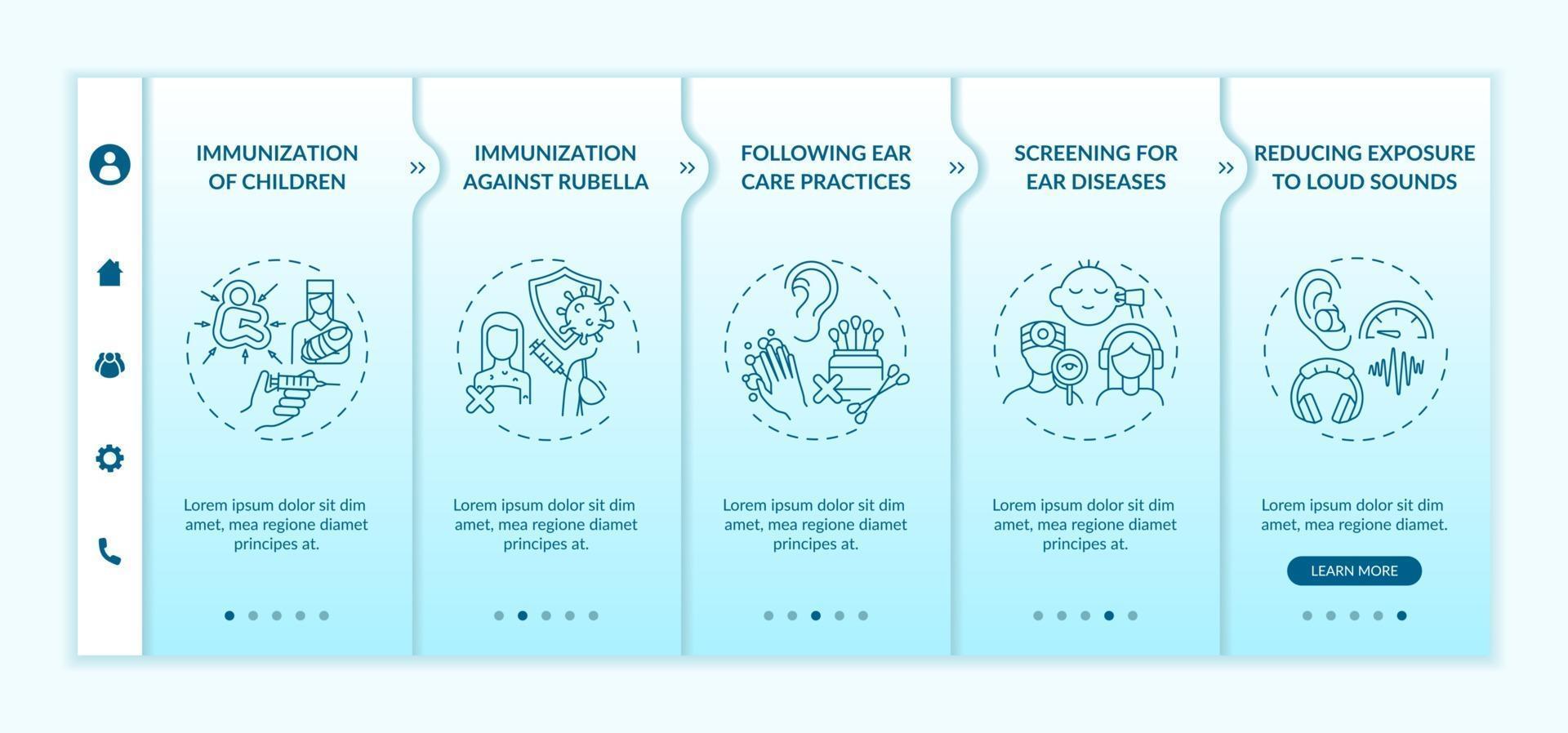 Hearing loss preventive measures onboarding vector template. Responsive mobile website with icons. Web page walkthrough 5 step screens. Screening for diseases color concept with linear illustrations