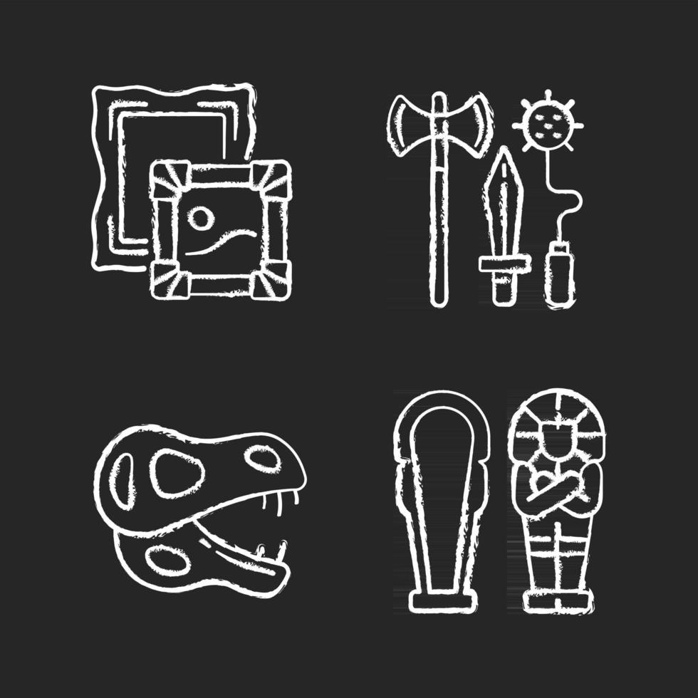 Archaeological excavation chalk white icons set on black background. Paintings. Knight weapons. Dinosaur skeleton. Egyptian sarcophagus. Portraiture. Isolated vector chalkboard illustrations