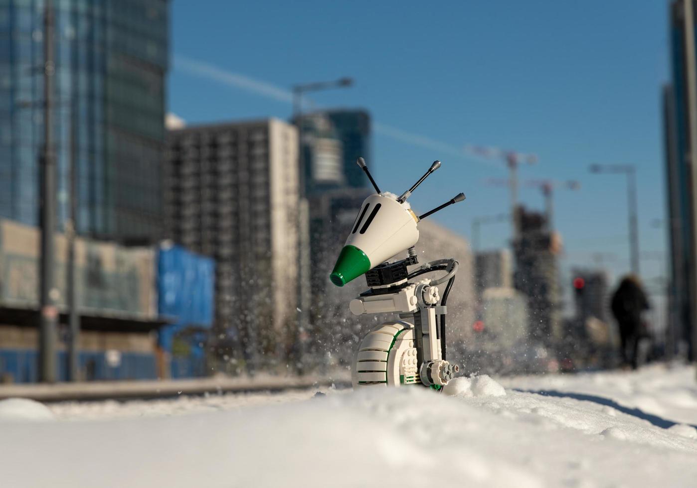 Warsaw, 2021 - Lego star wars droid DO on snow in the city photo