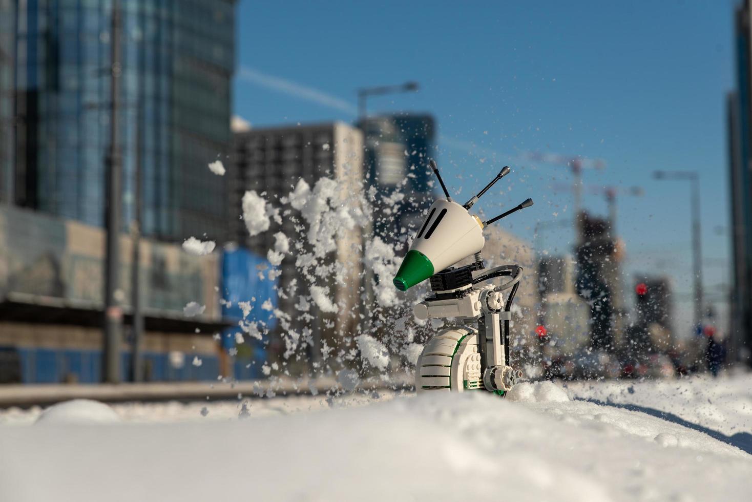 Warsaw, 2021 - Lego star wars droid DO on snow in the city photo