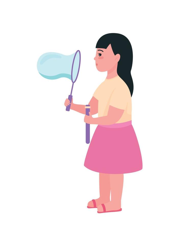 Girl blowing bubbles semi flat color vector character