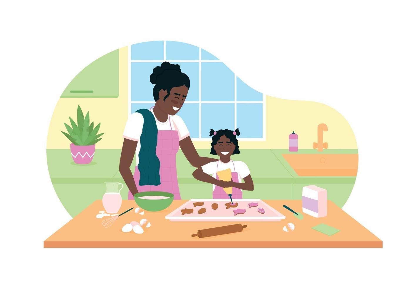 Feliz madre e hija afroamericana hornear galletas banner web 2d vector