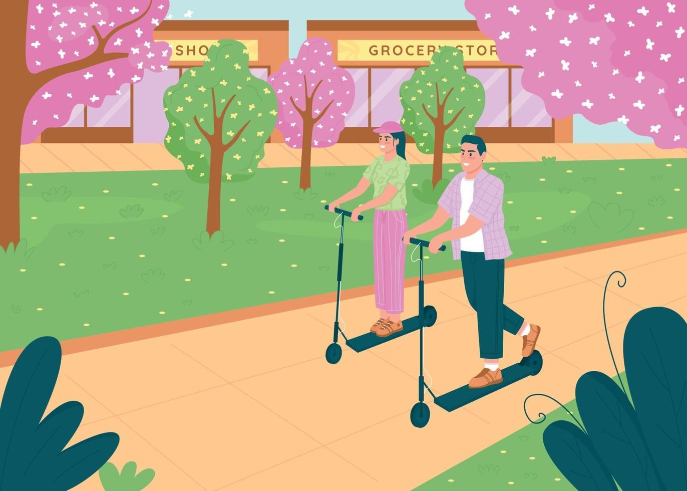Happy couple riding electric scooters flat color vector illustration