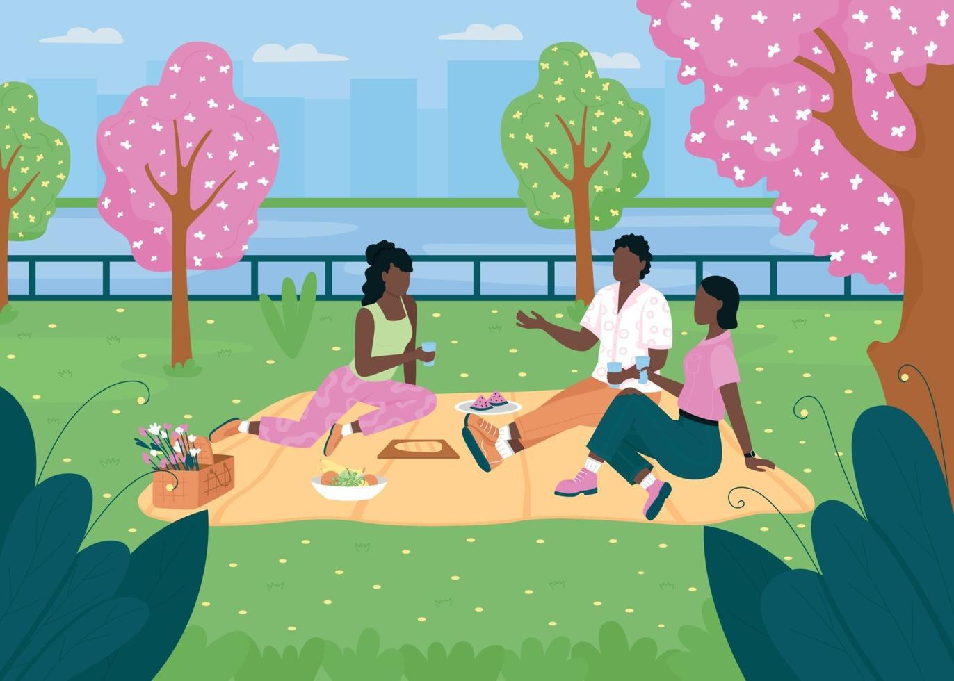 Grupo de amigos afroamericanos en la ilustración de vector de color plano de picnic