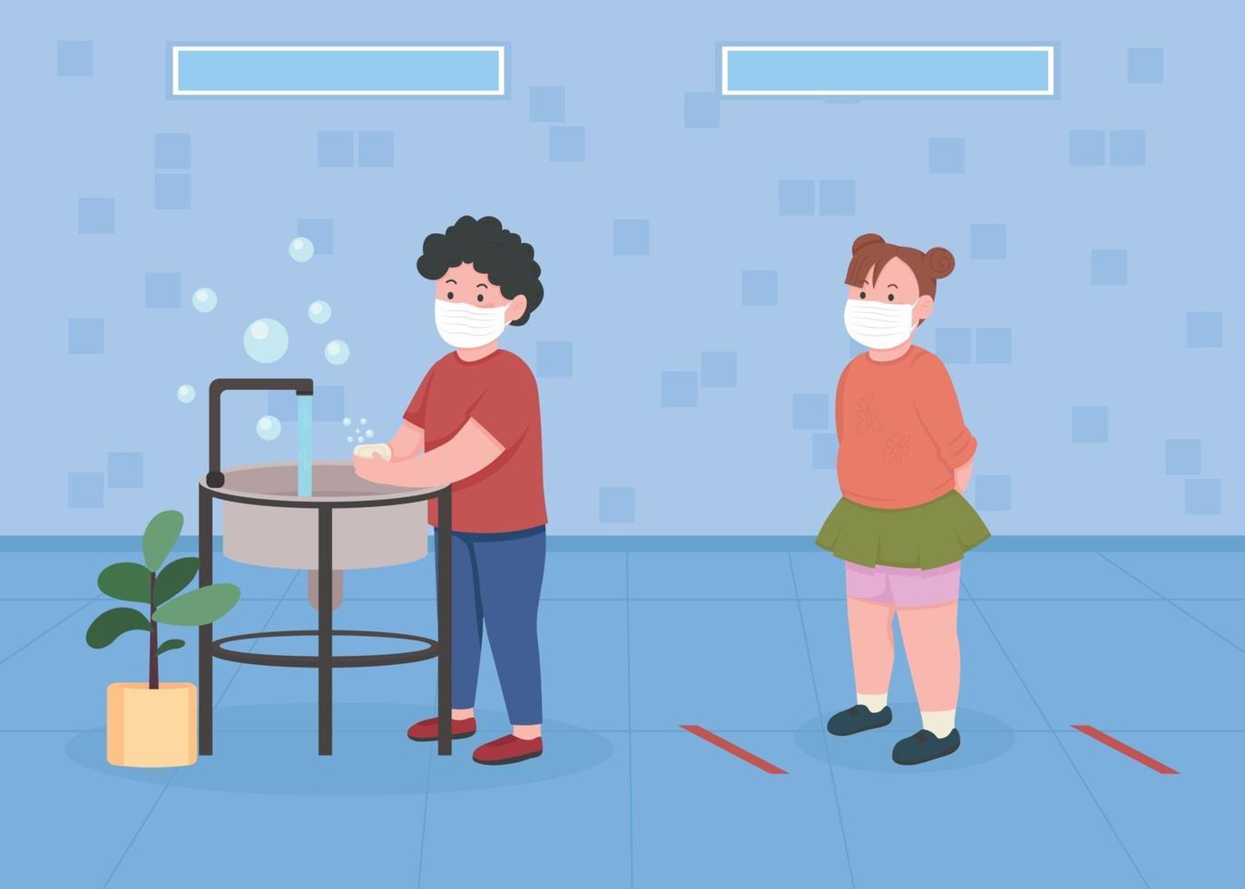Children in bathroom with social distance flat color vector illustration