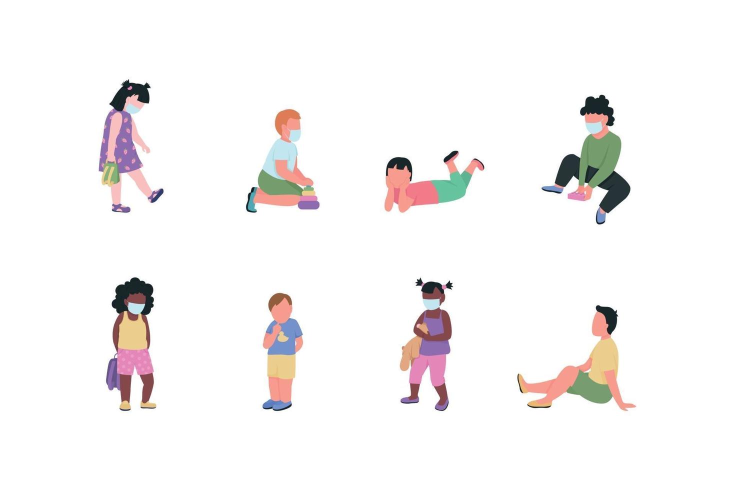 Kindergarten children flat color vector faceless characters set