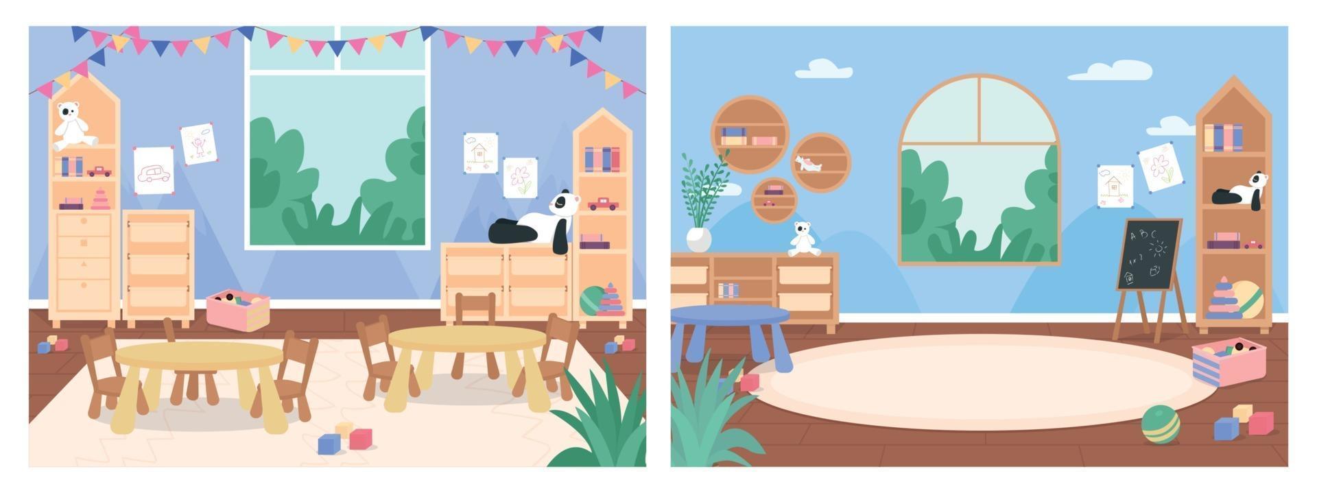 Primary school classroom with no people flat color vector illustration set