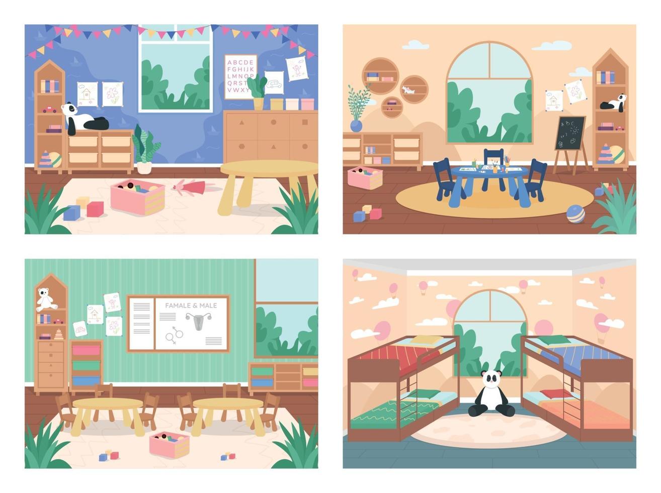 Kindergarten class with no people flat color vector illustration set