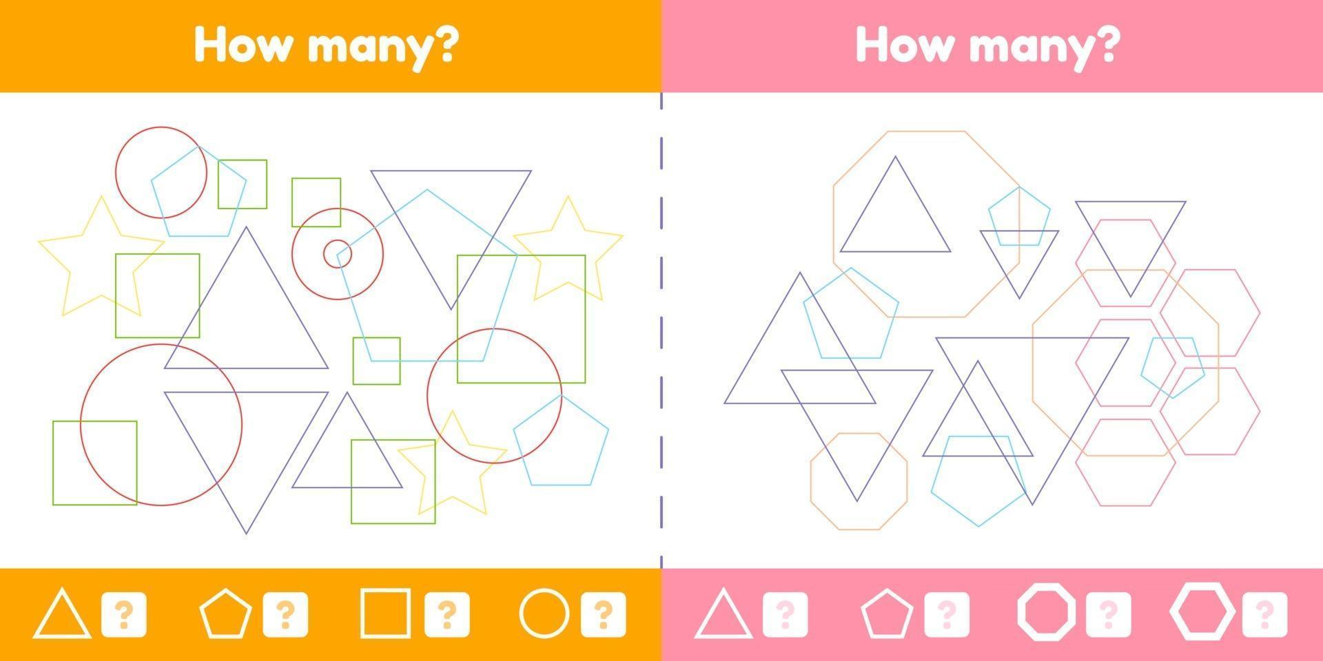 Set geometric logical educational game for children of preschool and school age. How many figures vector