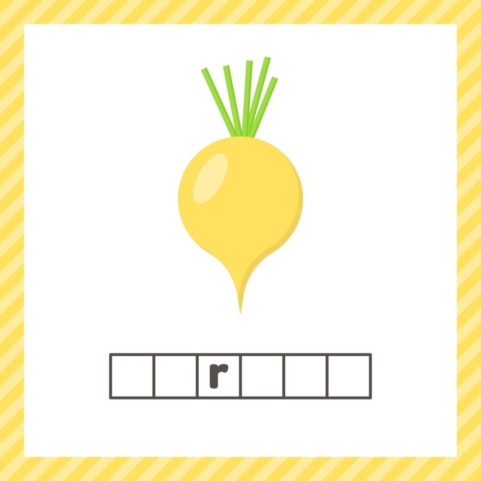 Vegetable. Turnip. Educational logic worksheet for preschool and school age. Guess the word. vector