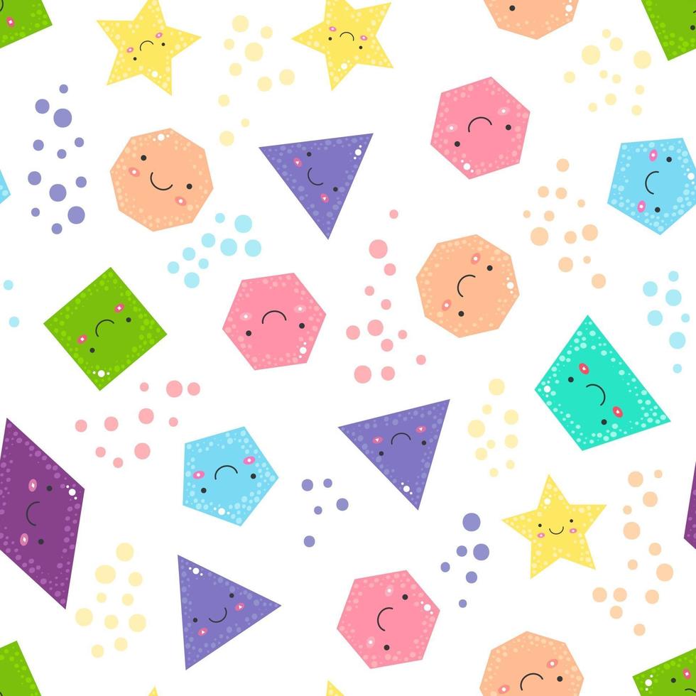 Seamless pattern cute geometric figures for kids. Isolated shapes and color circles on white background for children. vector