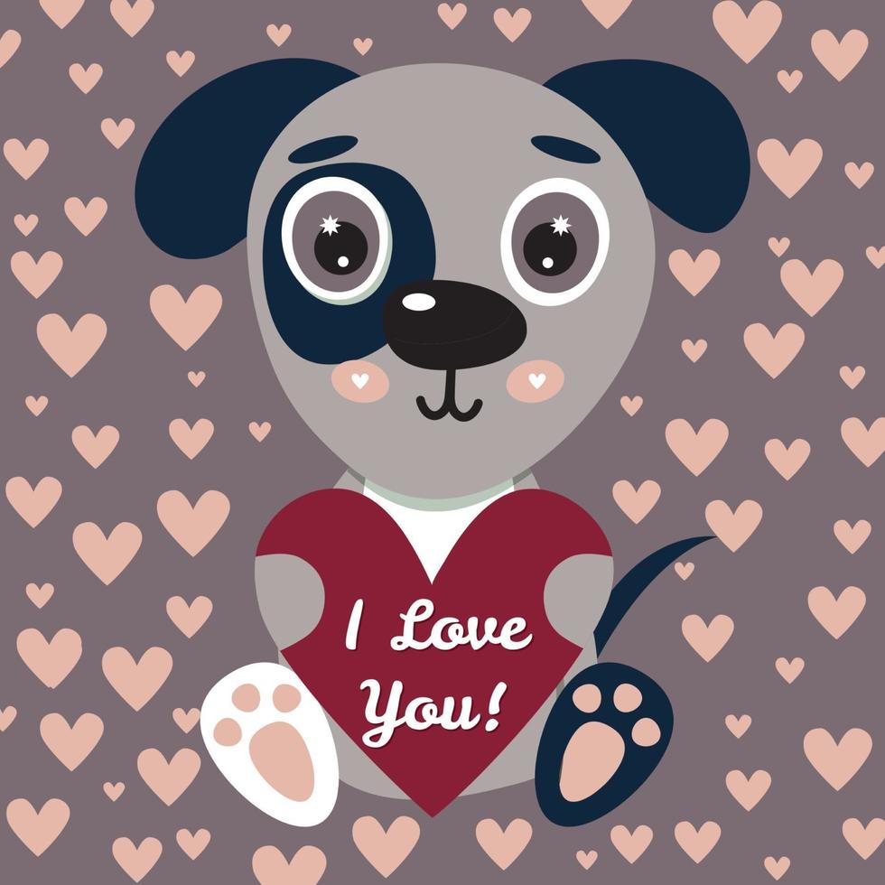 Cute illustration puppy for kids. Nursery funny dog. Character for print. Background with pink hearts. Happy Valentine's day. 14 February. I love you. vector