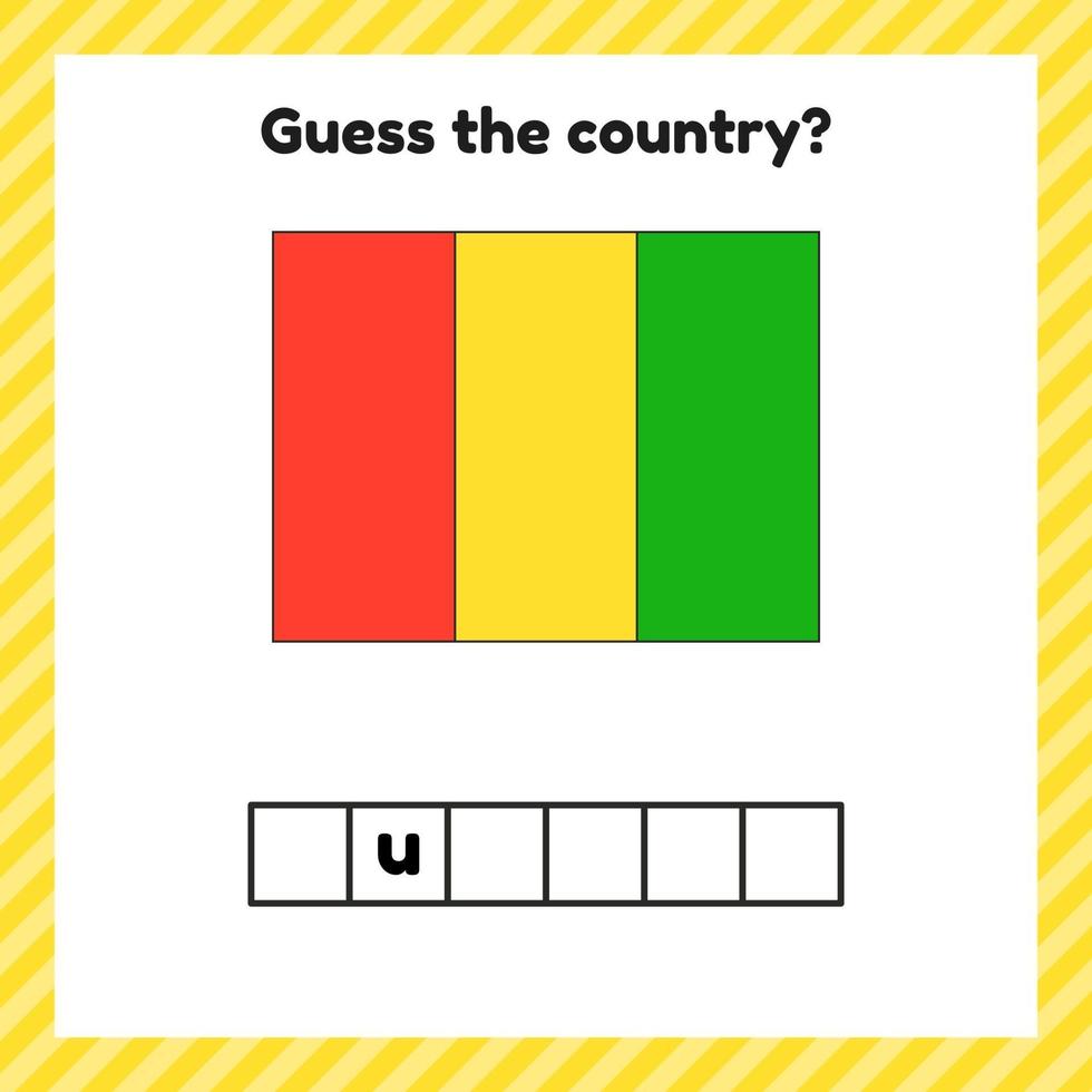 Worksheet on geography for preschool and school kids. Crossword. Guinea flag. Cuess the country. vector