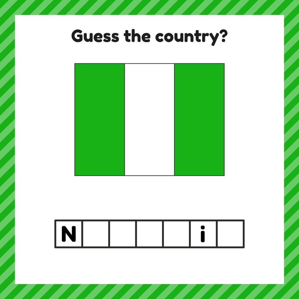 Worksheet on geography for preschool and school kids. Crossword. Nigeria flag. Cuess the country. vector