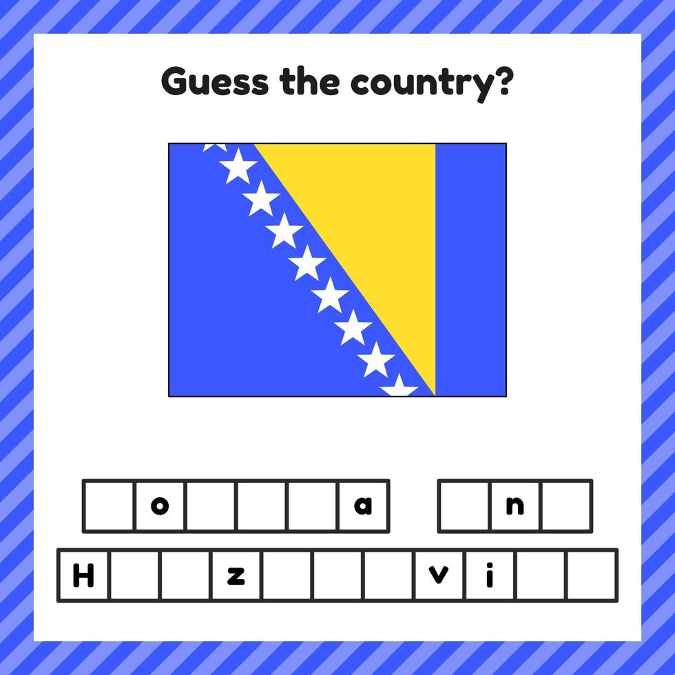 Worksheet on geography for preschool and school kids. Crossword. Bosnia and Herzegovina flag. Cuess the country. vector