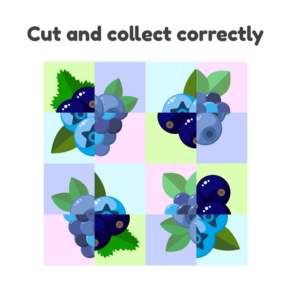 vector illustration. puzzle game for preschool and school age children. cut and collect correctly. berries, blackberries, blueberries, black currants
