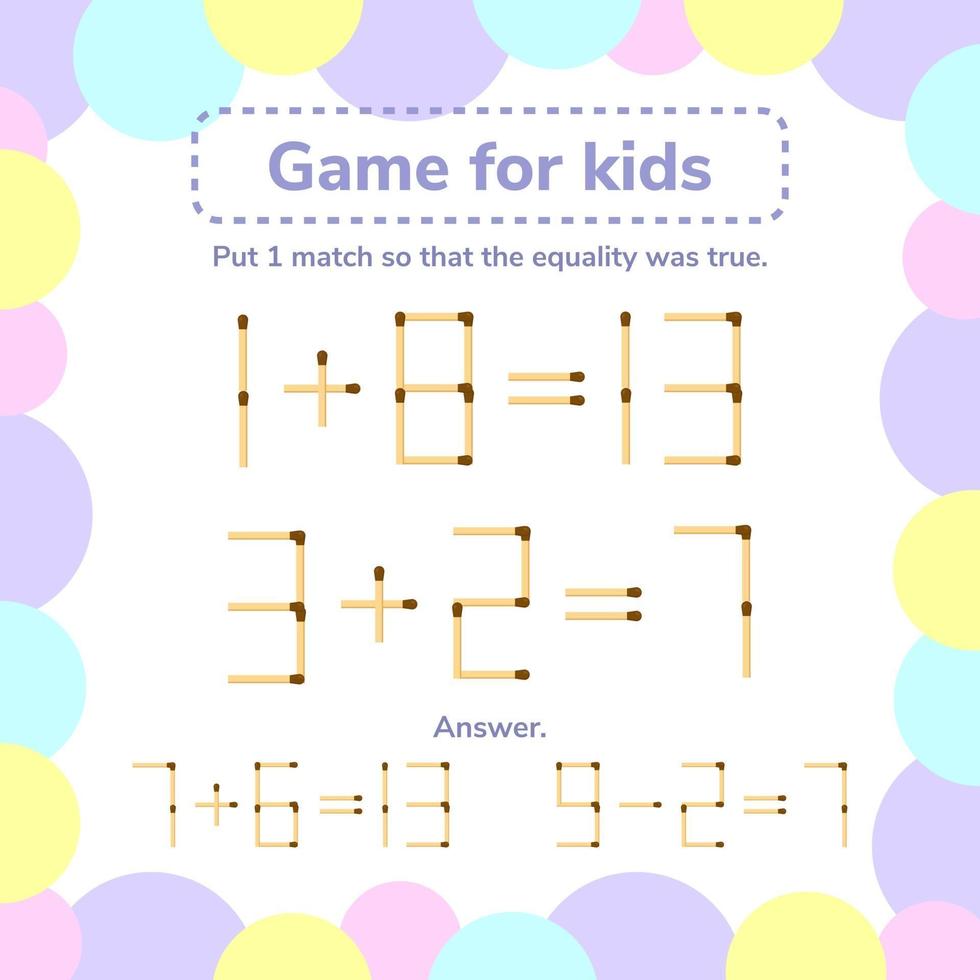 vector illustration. math game for kids. Put 1 matchstick so tha