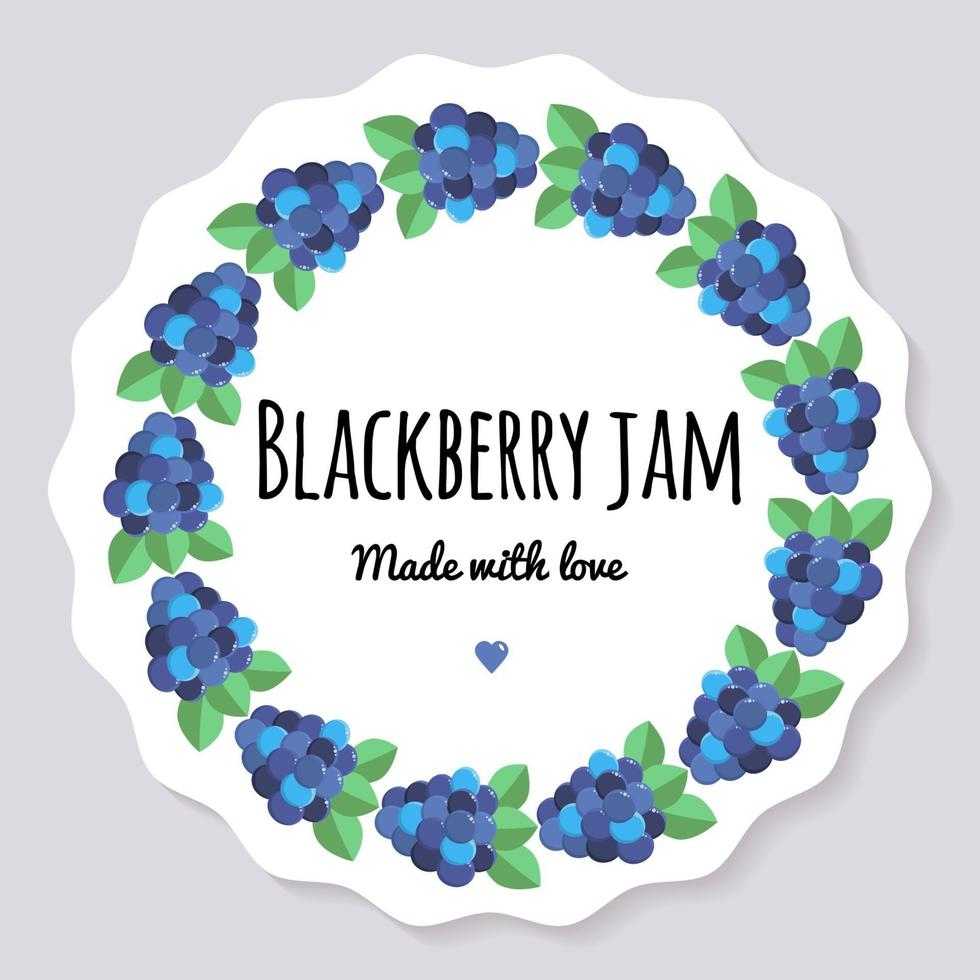 Vector illustration. Label for berry jam. Round frame of berries. BlackBerry