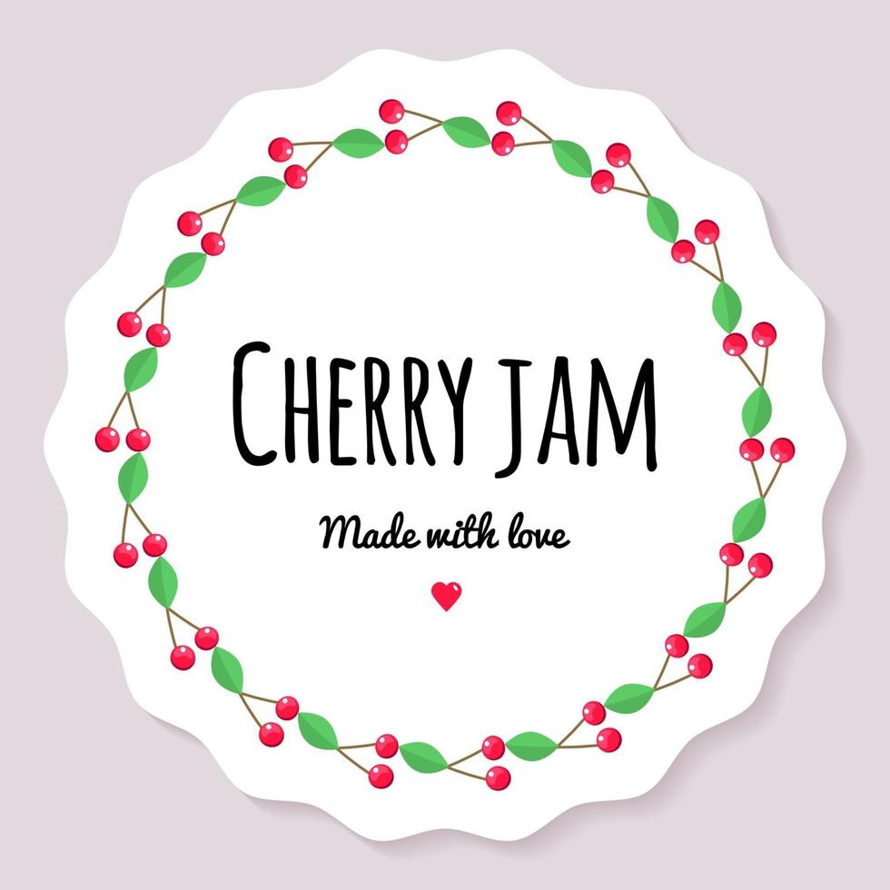 Vector illustration. Label for berry jam. Round frame of cherry