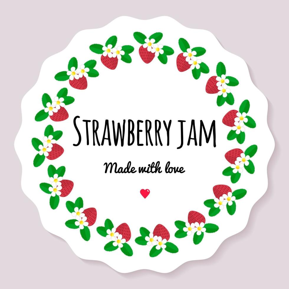 Vector illustration. Label for berry jam. Round frame of berries. Strawberry with flowers and leaves