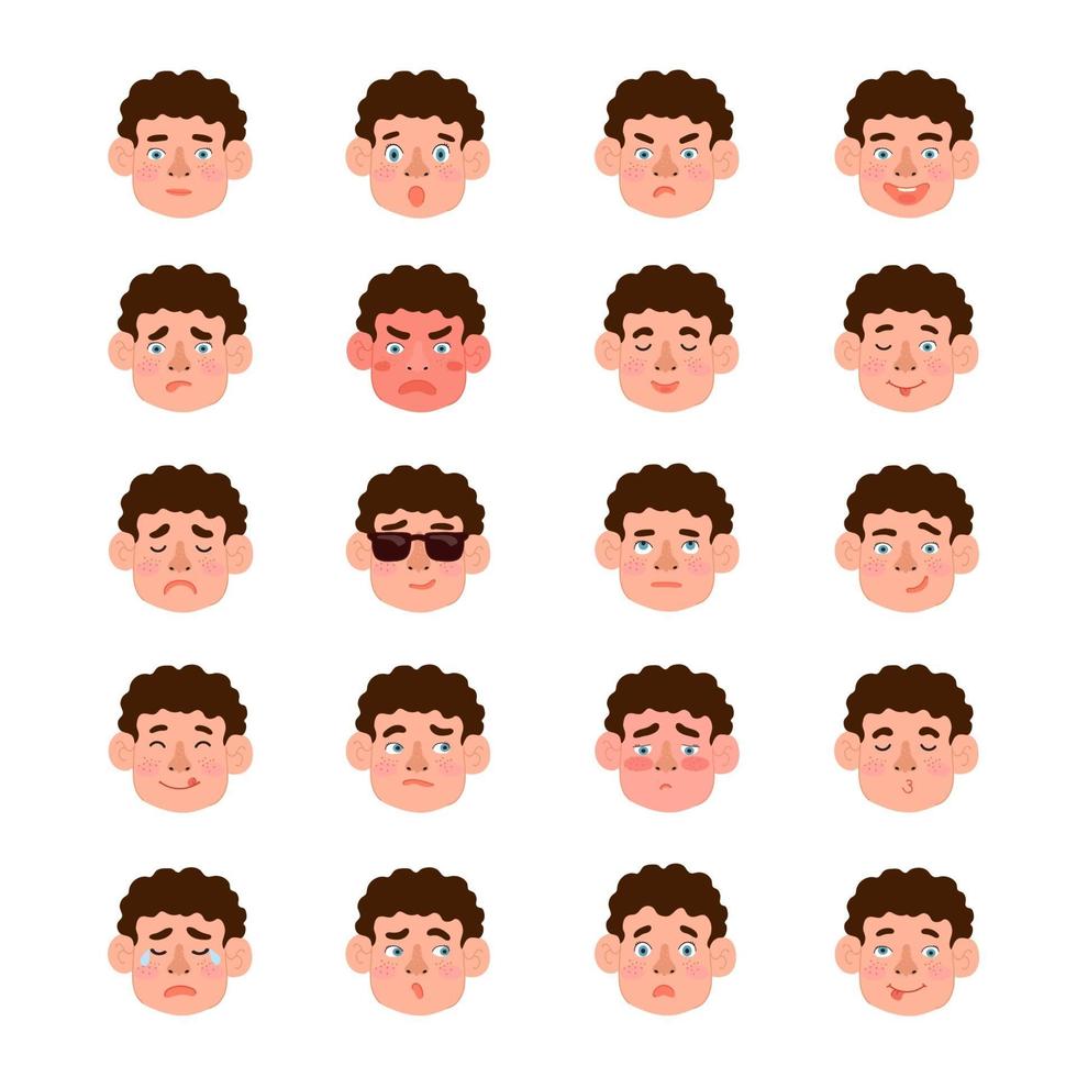 Vector modern set with cute illustrations of boys with different emotions. Use it as element for design greeting card, poster, chat messenger cartoon emotes, Social Media post, children game design