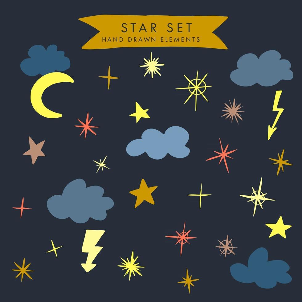 Vector colorful modern set with hand draw llustrations of night sky, stars, clouds. Can be used as elemets for your design for greeting cards, nursery, poster, card, birthday party, packaging paper design, baby t-shirts prints