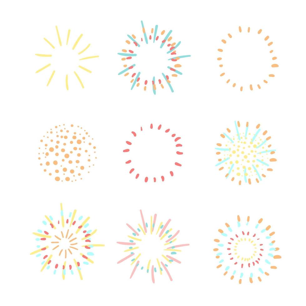 Vector colorful modern set with hand drawn doodle abstract llustrations of fireworks. Can be used as elements for design greeting cards, poster, card, packaging paper design