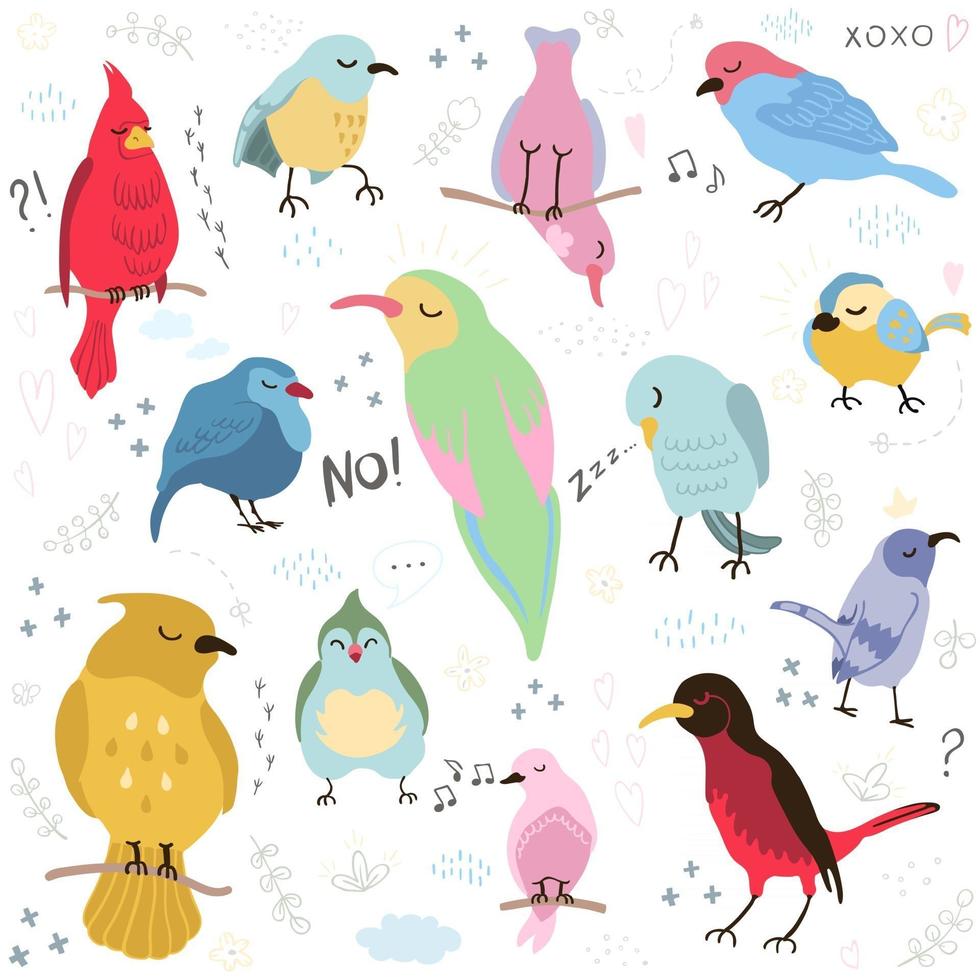 Vector colorful set with illustrations of cute birds isolated on white background. Can be used as elemets for your design for greeting cards, nursery, poster, card, birthday party, packaging paper design, baby t-shirts prints